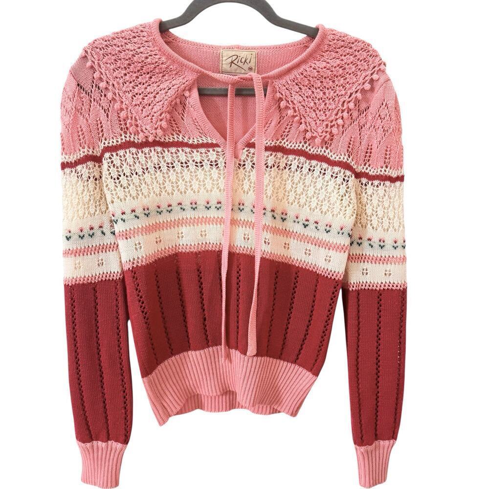 Vintage Ricki Knit Pointelle Tulip Cottagecore Coquette Pink Sweater Sz Medium